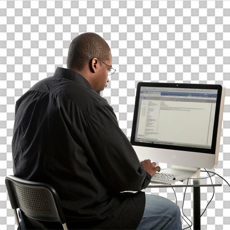 PSD man working on computer isolated on transparent background