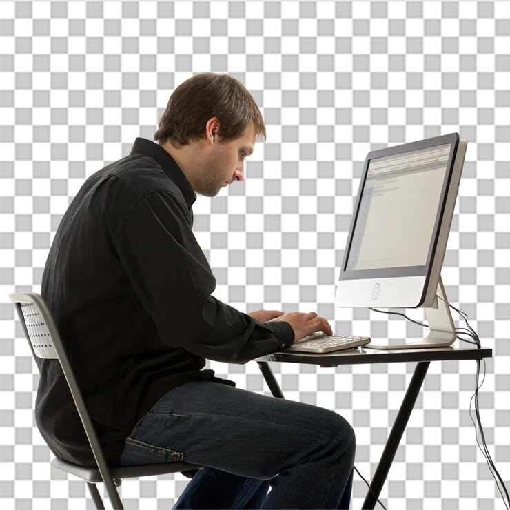 PSD man working on computer isolated on transparent background