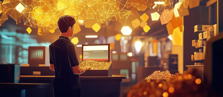 PSD man working at a counter with gold