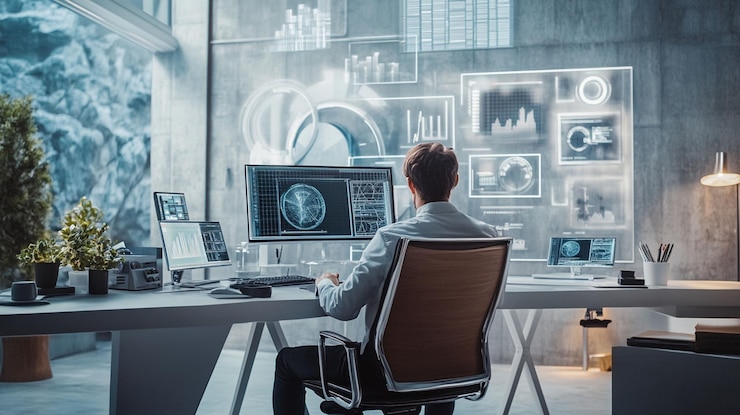 PSD man working at futuristic desk with holographic displays showing data analytics