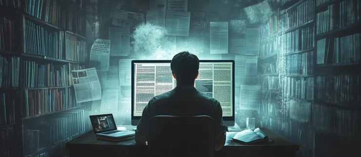 PSD man working at his computer in a library setting