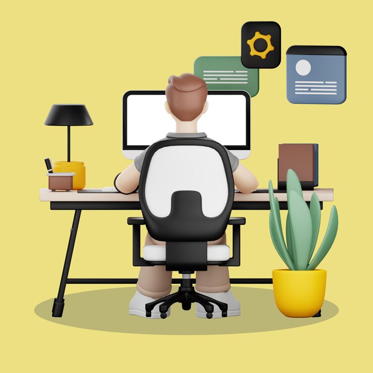 PSD man working at his desk 3d cartoon style
