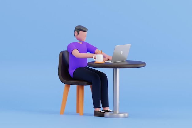 Man working on laptop at cafe 3d illustration