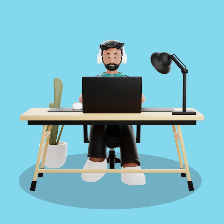 PSD man working on a laptop at his desk in 3d cartoon style