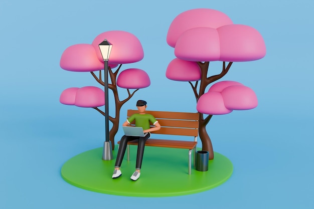 男人在公园里用笔记本电脑工作 3D 插图
