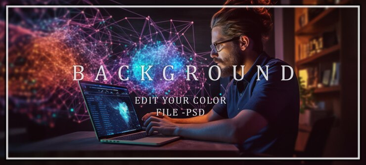 PSD man working on laptop with digital network background