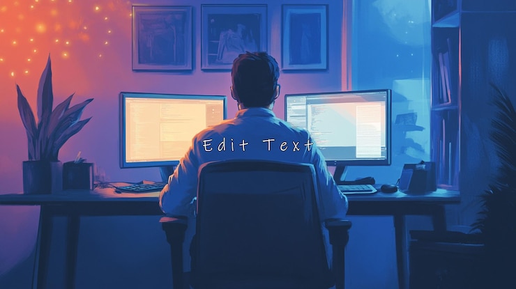 PSD man working late at night in his home office with dual monitors