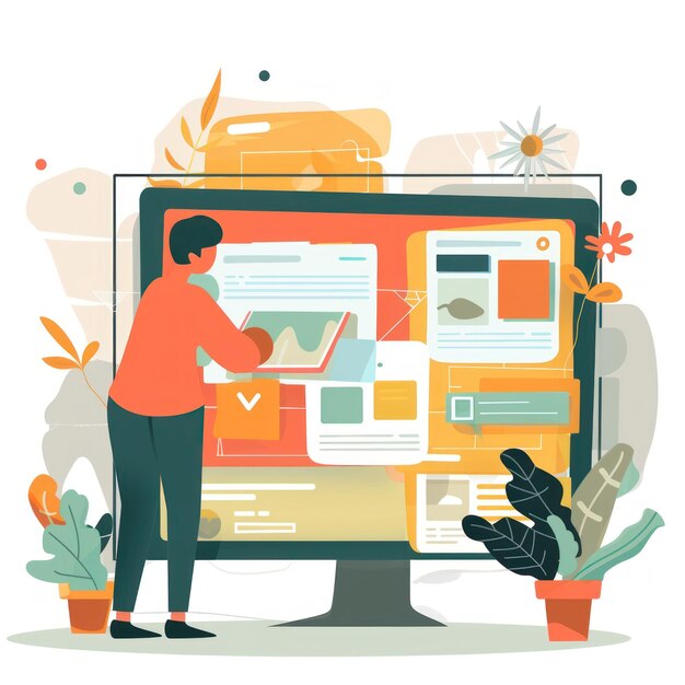 man working on website design adding content and graphics to a webpage
