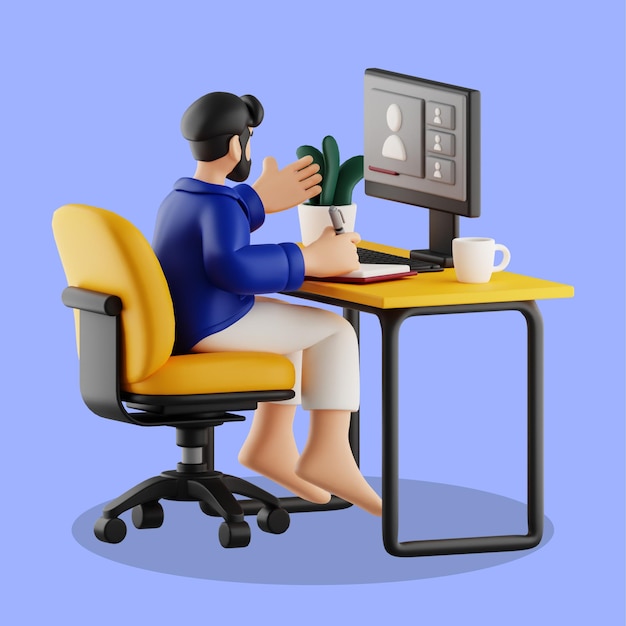 Man working remotely during an online meeting from his home office