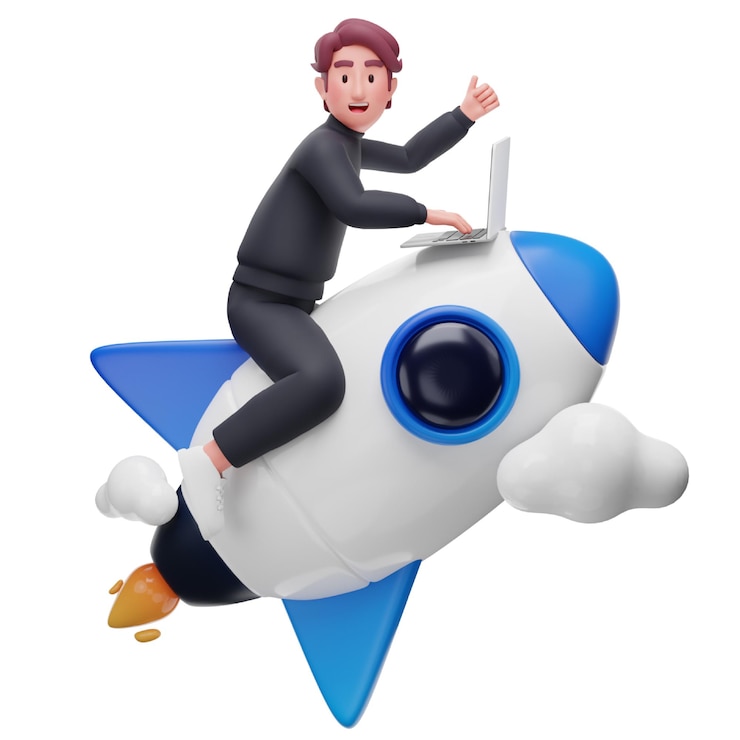 PSD a man working on rocketship 3d icon for startup and work environment