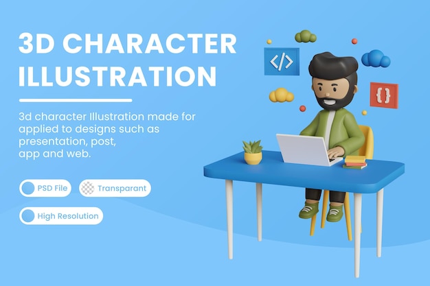 Человек работает сидя на стуле с ноутбуком фрилансер 3d иллюстрации premium psd