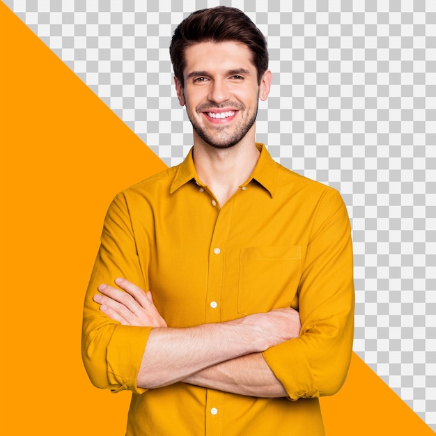 PSD man in yellow formal blouse with arms crossed and smiling