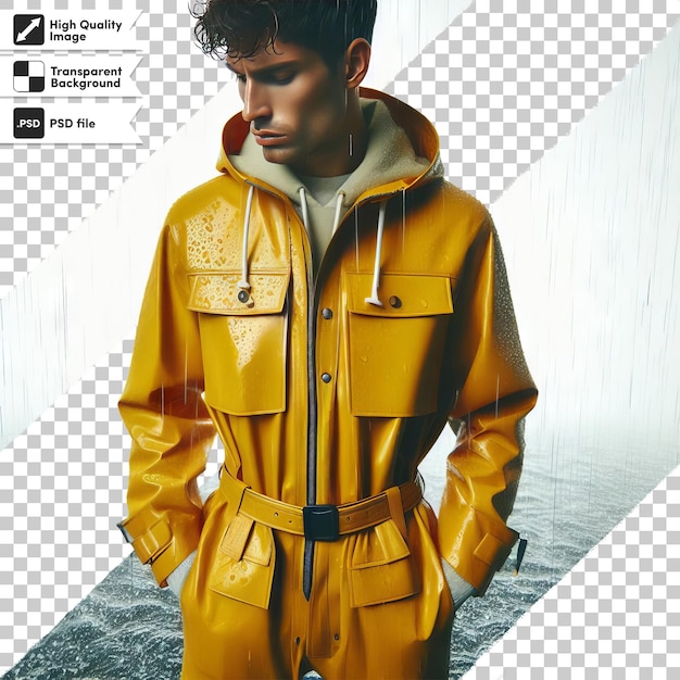 PSD a man in a yellow raincoat is standing in front of a photo