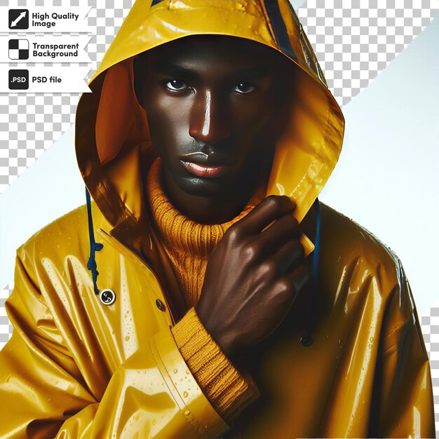 A man in a yellow raincoat with a black background