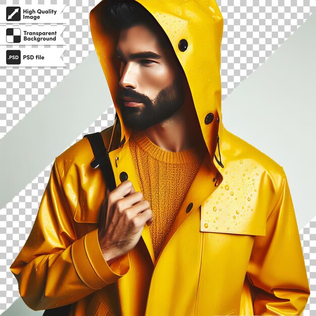 PSD a man in a yellow raincoat with a black strap