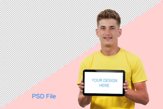 PSD man in yellow tshirt showing black tablet with isolated screen for presentation your design here