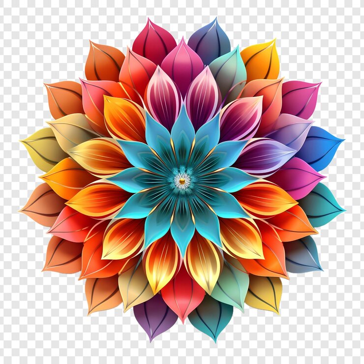 PSD mandala fractal design element with flower pattern isolated on transparent background