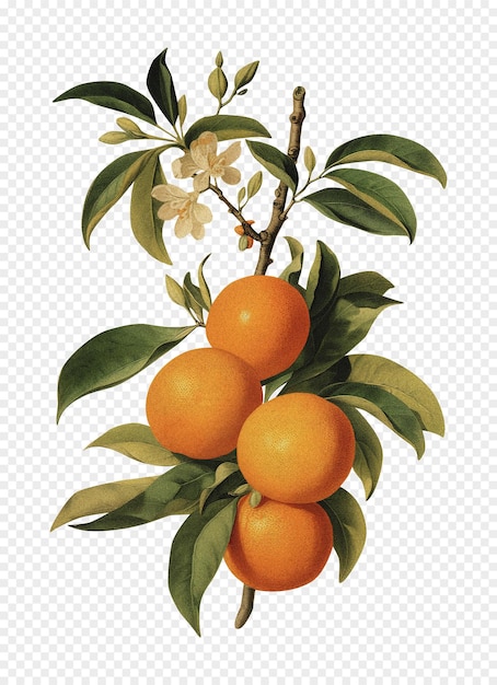 PSD mandarin isolated on transparent background old botanical illustration