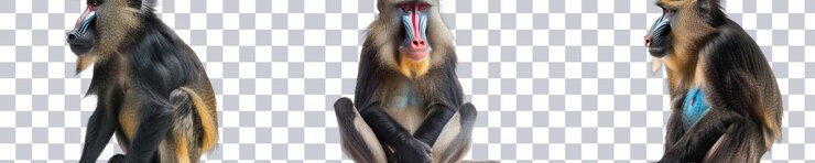 PSD mandrills in unique poses showcasing vibrant colors and distinct features in a wildlife setting