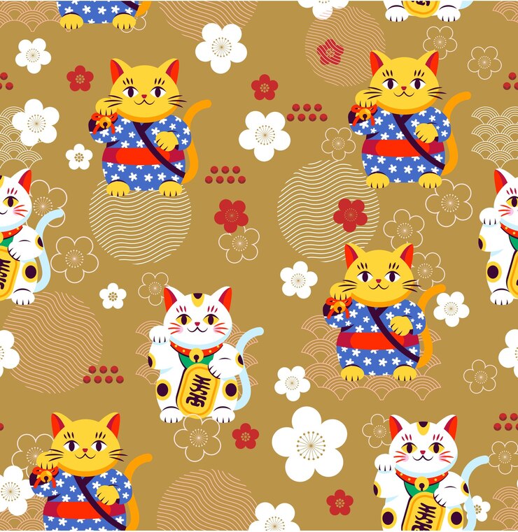 PSD maneki neko and floral japanese pattern for cards