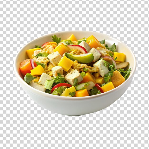 PSD mango chicken salad on white bowl isolated on transparent background