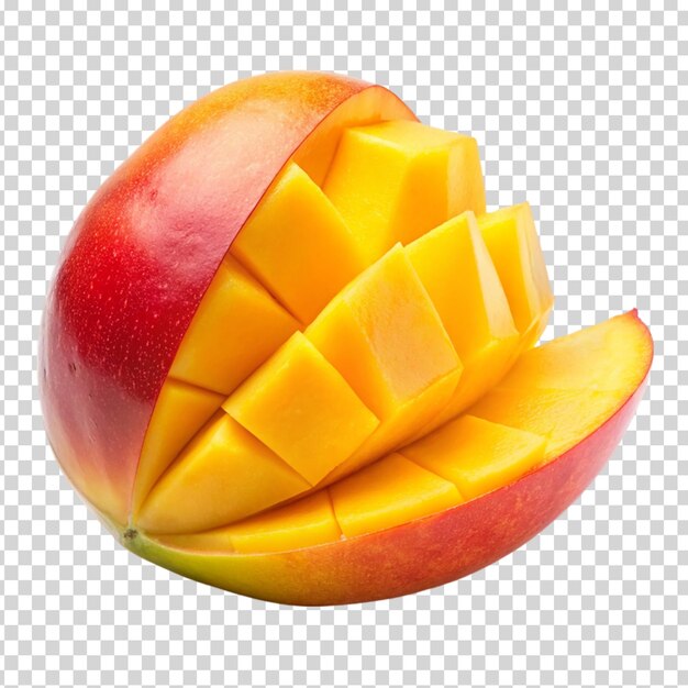 PSD a mango cut in half and sliced on transparent background