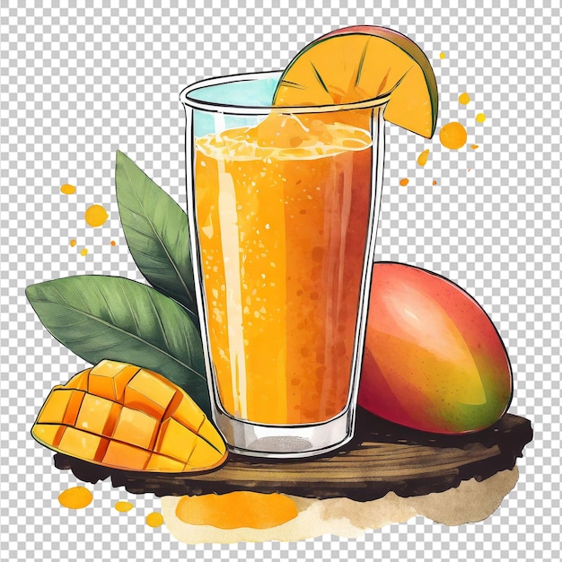 PSD mango juice in a glass with mango slices and leaves