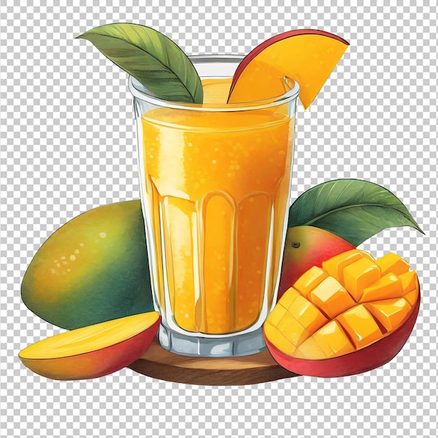 PSD mango juice in a glass with mango slices and leaves