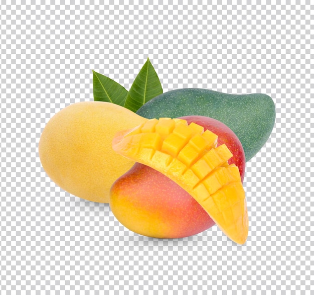 Mangofruit en gesneden met geïsoleerde bladeren premium psd