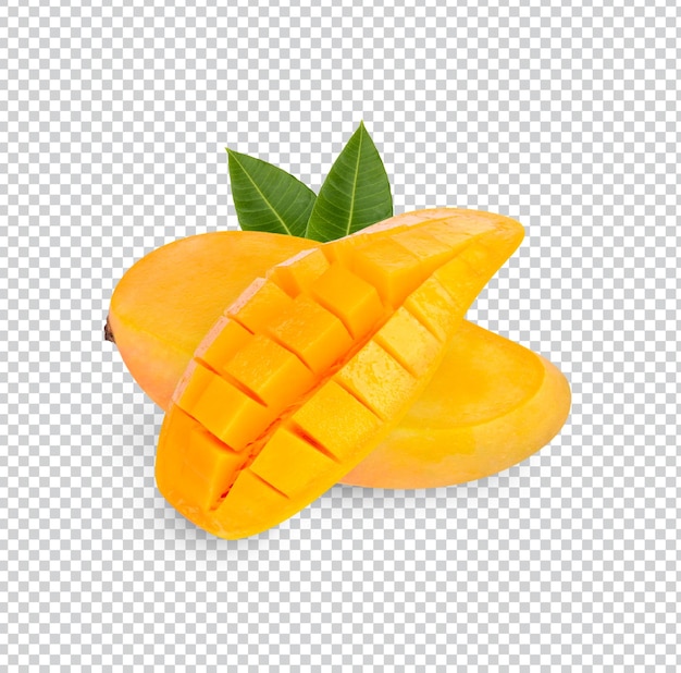 PSD mangofruit en gesneden met geïsoleerde bladeren premium psd