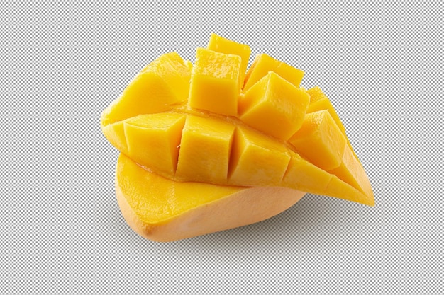 PSD mangofruit met mangokubussen en plakken die over alpha- background