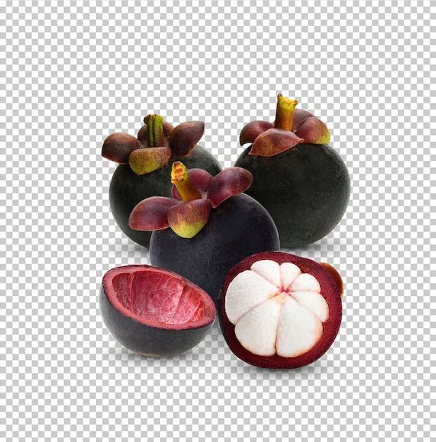 PSD mangosteen whole and half cut isolated on white background mangosteen is a queen of fruit in thailand and asia fruit have a sweet