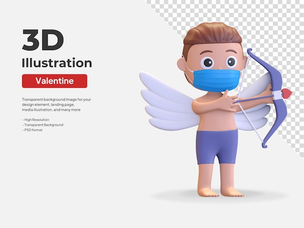 Mannelijke cupido die een masker draagt en een boog karakter valentijn dag liefde symbool 3d render illustratie