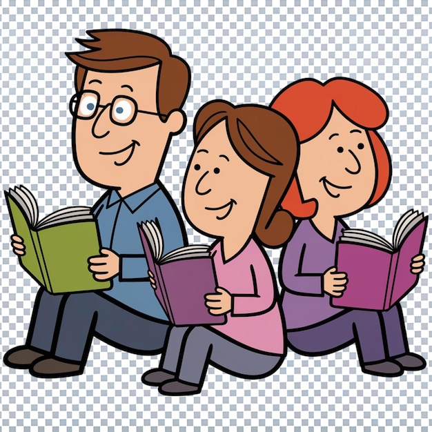 Mannelijke en vrouwelijke cartoon die het boek lezen