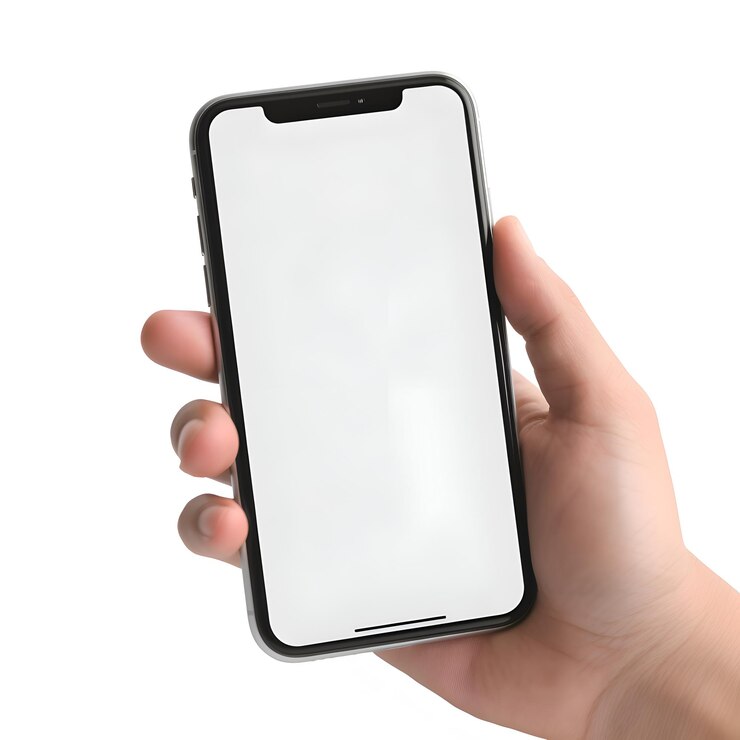 mannelijke hand met een smartphone met een leeg scherm geïsoleerd op een witte achtergrond