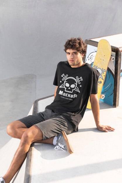 Mannelijke skateboarder met mock-up t-shirt