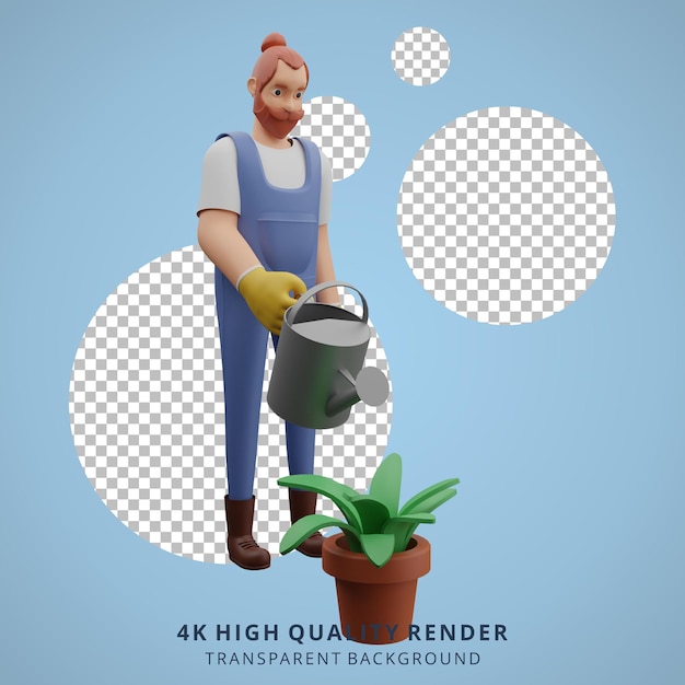 Mannelijke tuinman die de planten water geeft 3d karakterillustratie