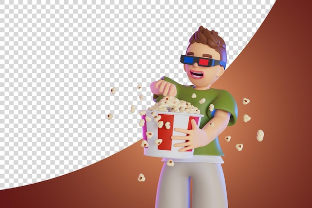 Mannen kijken naar film met plezier popcorn morsen 3d render illustratie