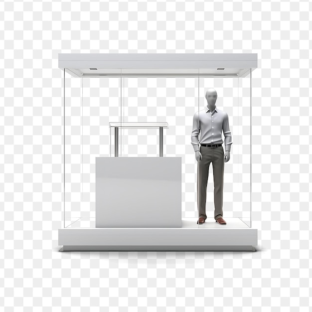 PSD a mannequin in a glass case with a white box on the bottom