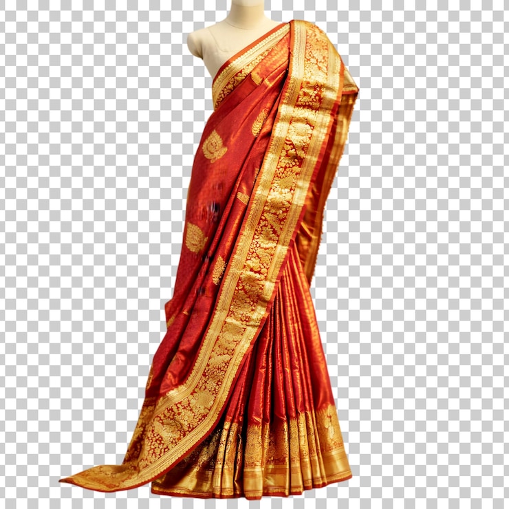 PSD a mannequin with a gold and red sari isolated on a transparent background
