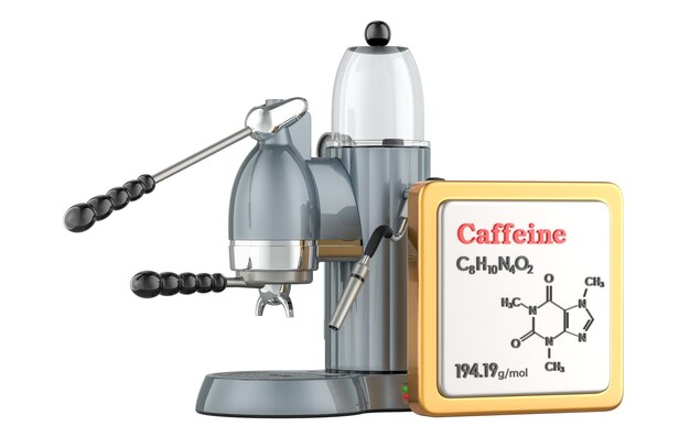 manual coffeemaker and caffeine icon with chemical formula molecular structure 3d rendering isolated on transparent background