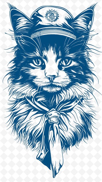 PSD manx cat wearing a sailor hat with a jovial expression portr animals sketch art vector collections