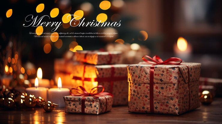 PSD 暖炉の前で多くのクリスマスプレゼントと夜のカメラのスレでクリスマスツリーのぼんやりしたライト