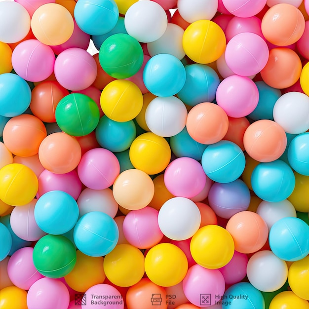 PSD Множество разноцветных пластиковых игрушечных шариков в полной рамке для детских игр.