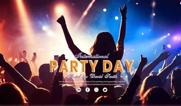 PSD many girls and men are dancing at the dj party with a world party day night background