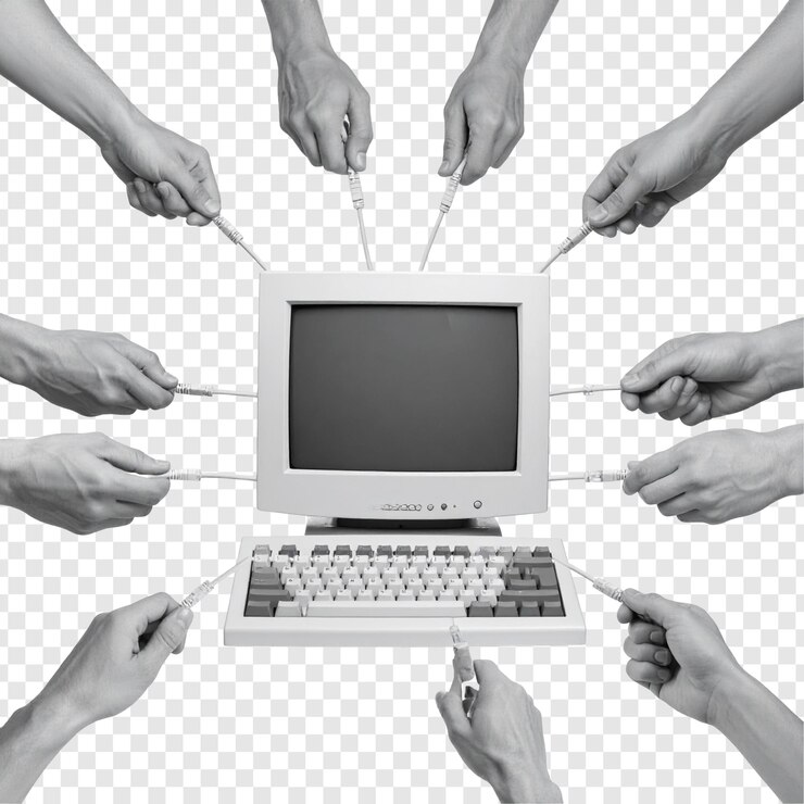 PSD many hands pointing at vintage computer