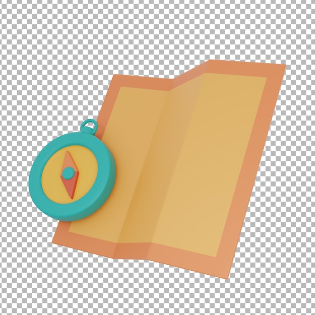 Map and compass isolated on light backgroundCamping equipmentsummer camp concept3d renderingxA