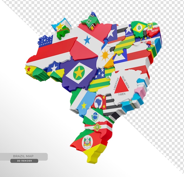 PSD map of brazil with flags of brazilian states in 3d render with transparent background