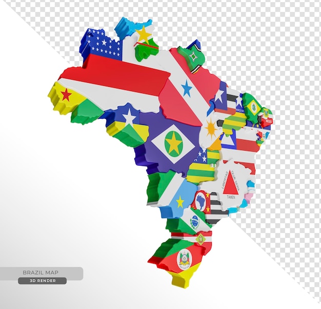 透明な背景を持つ 3 d レンダリングでブラジルの州の国旗を持つブラジルの地図