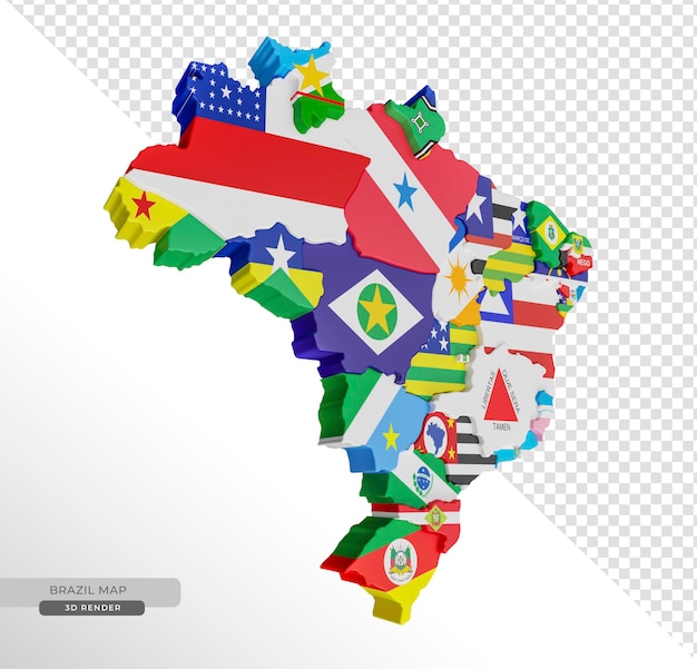 PSD map of brazil with flags of brazilian states in 3d render with transparent background